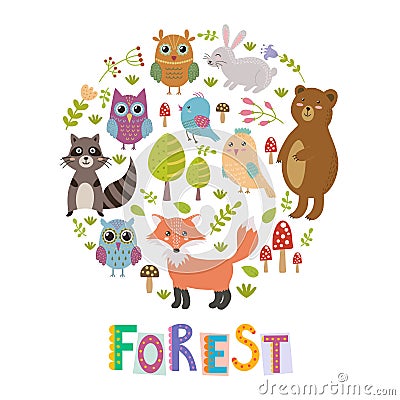 Forest circle shape background with cute fox, owls, bear, birds and raccoon Vector Illustration