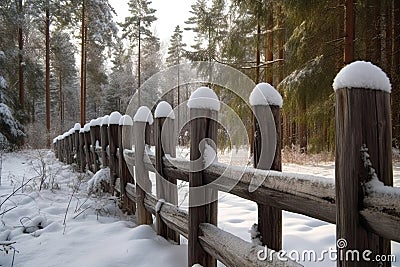 forest coniferous background snow fence farm rural landscape countryside winter close snow fence wooden old Stock Photo