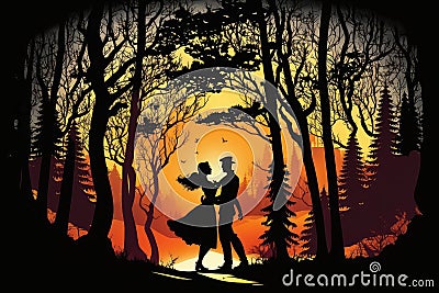 forest with dancing tango couple silhouetted against the sunset Stock Photo