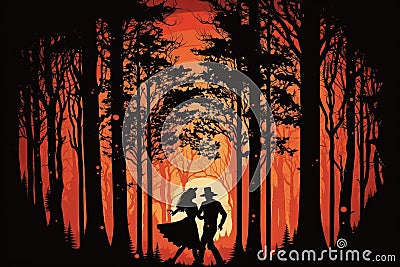 forest with dancing tango couple silhouetted against the sunset Stock Photo