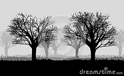 Forest in the dark mist, trees silhouettes Stock Photo