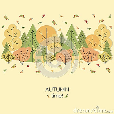 Forest. Deer. Autumn time. Vector background, poster with autumn landscape, red deer Vector Illustration