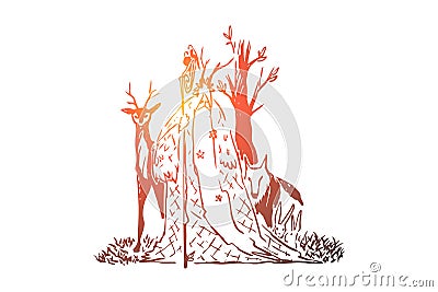 Forest druid with long beard and wooden staff, old wizard, wolf and deer, wise sorcerer, magician with animals Vector Illustration