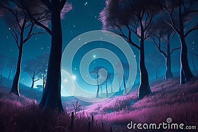 Forest edge under moonlight. Landscape of magical area 3D illustration Generative AI. Cartoon Illustration