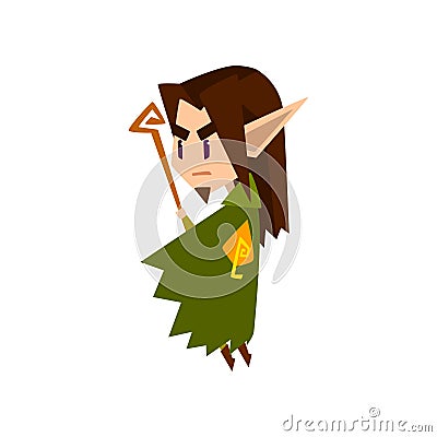 Forest elf boy in green clothes with wooden staff, cute fairytale magic character vector Illustration on a white Vector Illustration