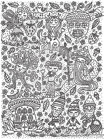 Forest fairy tale. Fairy, gnome, mage, mushroom, acorn, centaur, tree. Coloring book page. Outline drawing. Vector illustration Vector Illustration