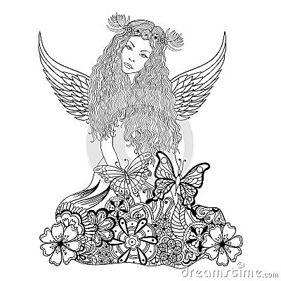 Forest fairy with wings and wreath on the head, young beautiful Vector Illustration