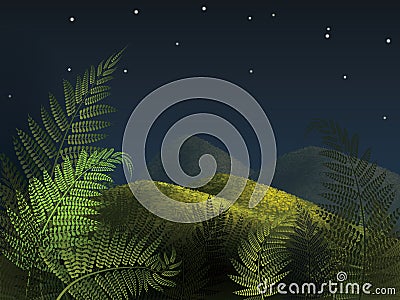 Forest fern with night summer landscape. Night before midsummer illustration. Vector Illustration