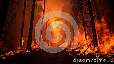 A forest fire burning fiercely, engulfing everything in its path. Stock Photo