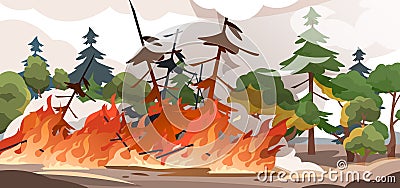 Forest fire. Burning spruces and oak trees, wood plants in flame and smoke, nature disaster cartoon illustration. Vector Vector Illustration