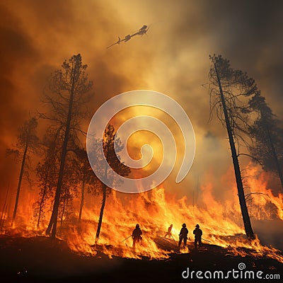 Forest fire. Burning trees. Fire extinguishing Stock Photo
