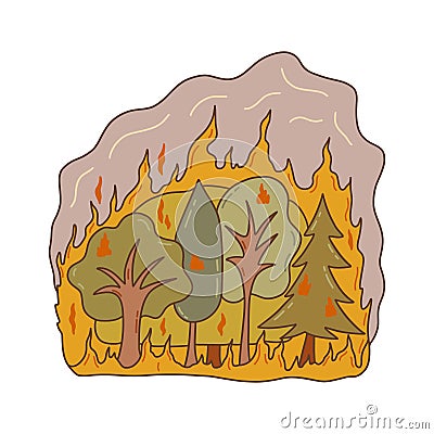 Forest fire, burning trees, lot of smoke. Vector isolated Vector Illustration