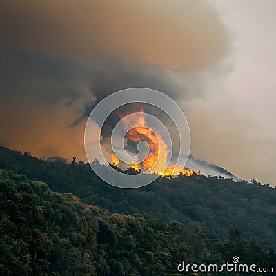 Forest fire emits smoke, casting ominous veil over trees Stock Photo