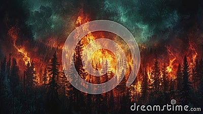 Forest fire at night with vibrant flames Stock Photo