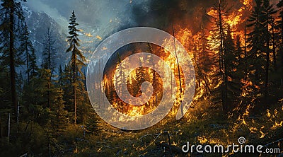 Forest fire peril Flames engulf wooded area threatening ecosystem. Generated AI Stock Photo