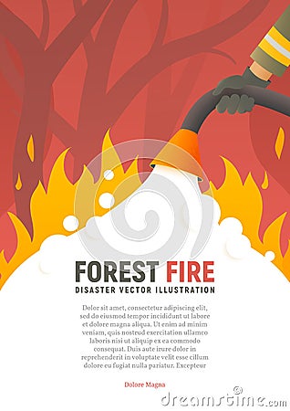 Forest fire vector placard. Fire safety illustration. Precautions the use of fire poster template. A firefighter fights Vector Illustration