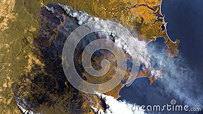 Forest fires in Australia, a view from space. Environmental problems, a large fire in the forest, Stock Photo