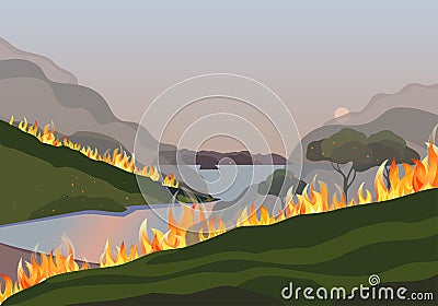 Forest fires disaster mountain trees flat vector illustration Vector Illustration