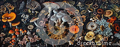 A forest floor densely populated with different types of mushrooms, ranging from tiny button Stock Photo