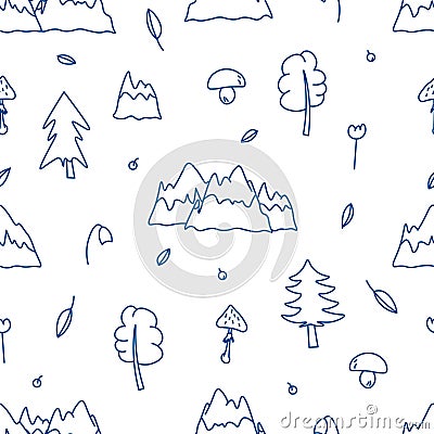 Forest flora thin lines silhouettes seamless pattern on white background, wild nature cartoon doodle elements, editable vector Vector Illustration