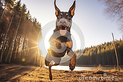 Forest Frolic: Doberman's Dynamic Dash. Generative AI Stock Photo