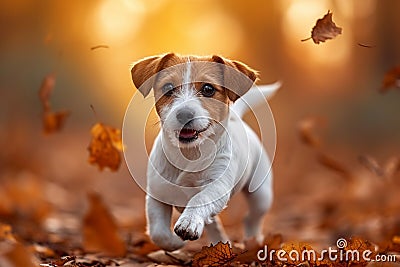 Forest frolic Jack Russell terrier puppy in spirited autumn play Stock Photo