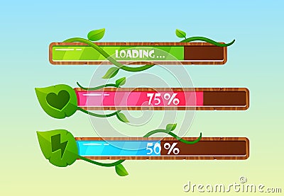 Forest Game Progress Bars, Cartoon Vector Process Ui Or Gui Interface Design Elements. Power, Life, Health, Spell Status Vector Illustration