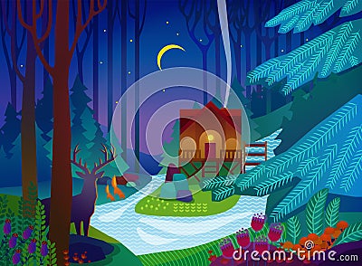 Forest glade with house at night Vector Illustration