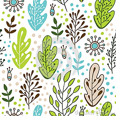 Forest leaves seamless vector pattern. Spring or summer nature background in colors of blue, green, beige and white Vector Illustration