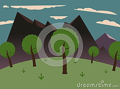 Forest on hills with big mountains and sky.Green meadows Vector Illustration