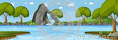 Forest horizontal scene at day time with waterfall Vector Illustration