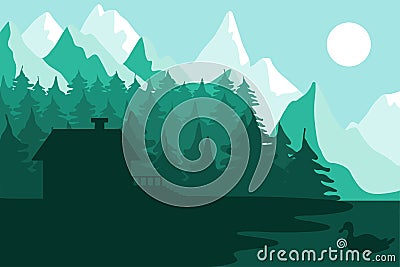 Forest house near the mountains Vector Illustration