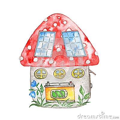 Forest house with solar panels and a charged battery. Cartoon Illustration