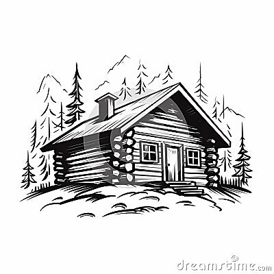 Bold Black And White Log Cabin Illustration With Stencil Art Style Cartoon Illustration