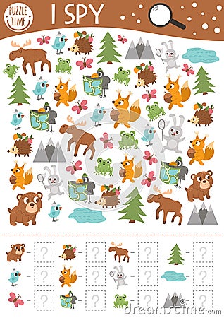 Forest I spy game for kids. Searching and counting activity for preschool children with woodland animals and nature elements. Vector Illustration