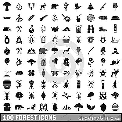 100 forest icons set in simple style Vector Illustration