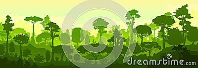 Forest jungle vector. Silhouette. Landscape, view of the tropical thicket. Trees, shrubs. Predawn morning twilight. Background im Vector Illustration