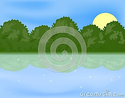 Forest lake over sun Vector Illustration