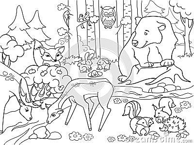 Forest Landscape with animals coloring vector for adults Vector Illustration