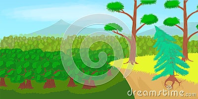 Forest landscape horizontal banner, cartoon style Vector Illustration