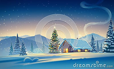 Forest landscape with house and christmas trees Cartoon Illustration