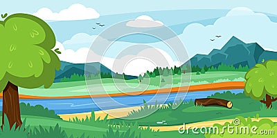 forest landscape. outdoor horizon with river green hills and trees. Vector cartoon seasonal background Vector Illustration