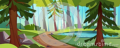 Cartoon forest landscape with pond, trees and path with stones Vector Illustration