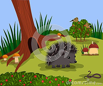 Forest landscape of a sunny day in a forest glade. funny hedgehog near his mink. vector illustration. concept take care Vector Illustration