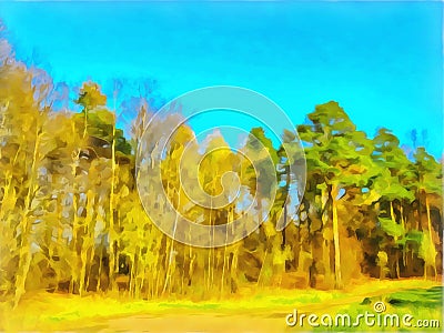 Forest landscape in watercolor. Road in the pine forest in autumn. Travel and vacation concept. Digital painting. Drawing Stock Photo