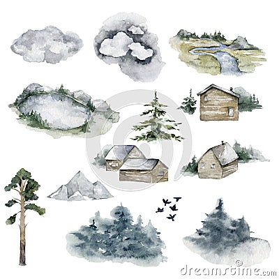 Forest landscapes painted in watercolor. Lakes, fir trees, firs, a river and houses. Winter autumn forest. Nature Stock Photo