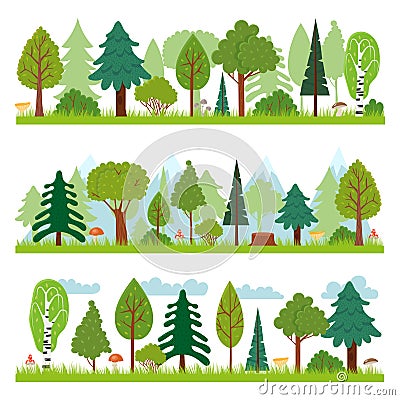 Forest landscapes. Woodland nature trees panorama, forests environment and pine tree vector illustration Vector Illustration