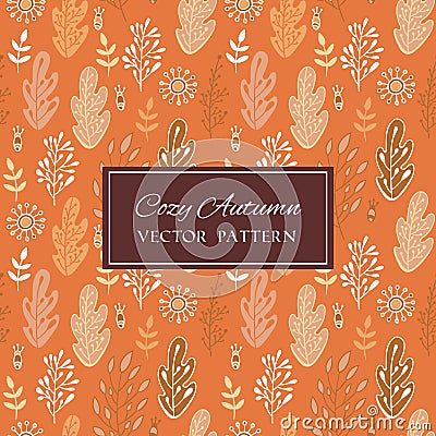 Forest leaves doodle background in colors of orange and beige Vector Illustration