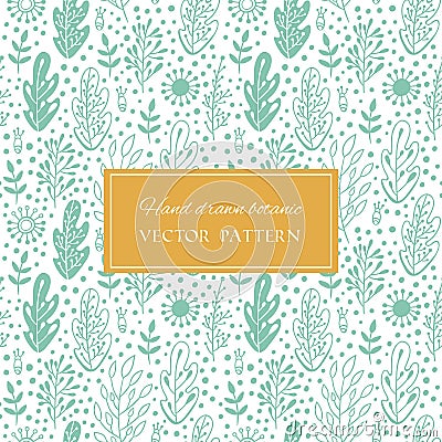 Forest leaves doodle monochrome background in mint blue color Vector Illustration