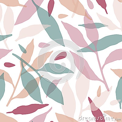 Forest leaves hand drawn vector seamless pattern. Multicolor branches silhouettes decorative texture. Abstract green Vector Illustration